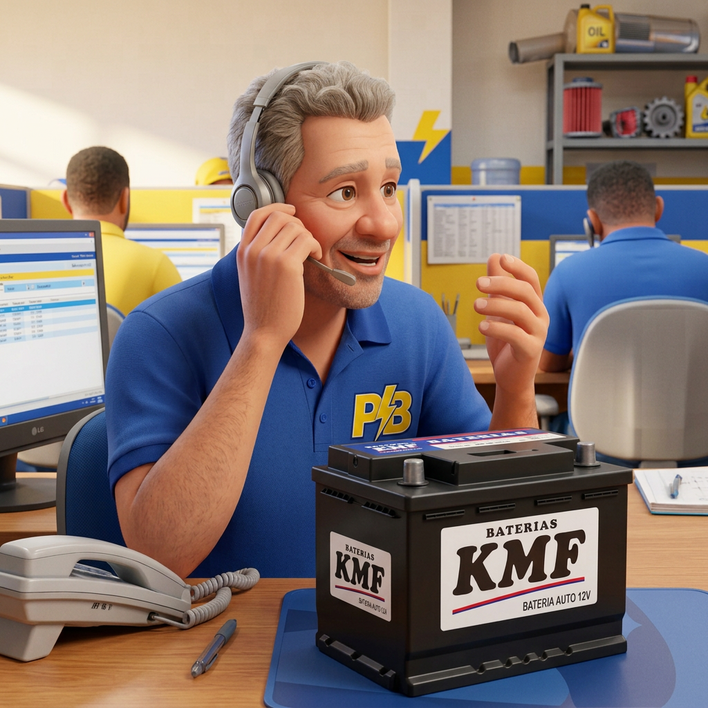 Atendente da KMF Baterias no telefone com bateria automotiva 12V sobre a mesa